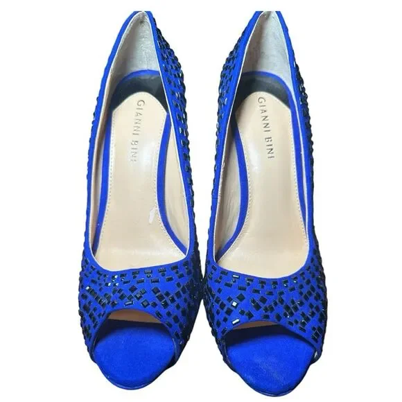 Gianni size 8  Bini Blue Peep-Toe platform stiletto black studded Heels - Picture 3 of 11